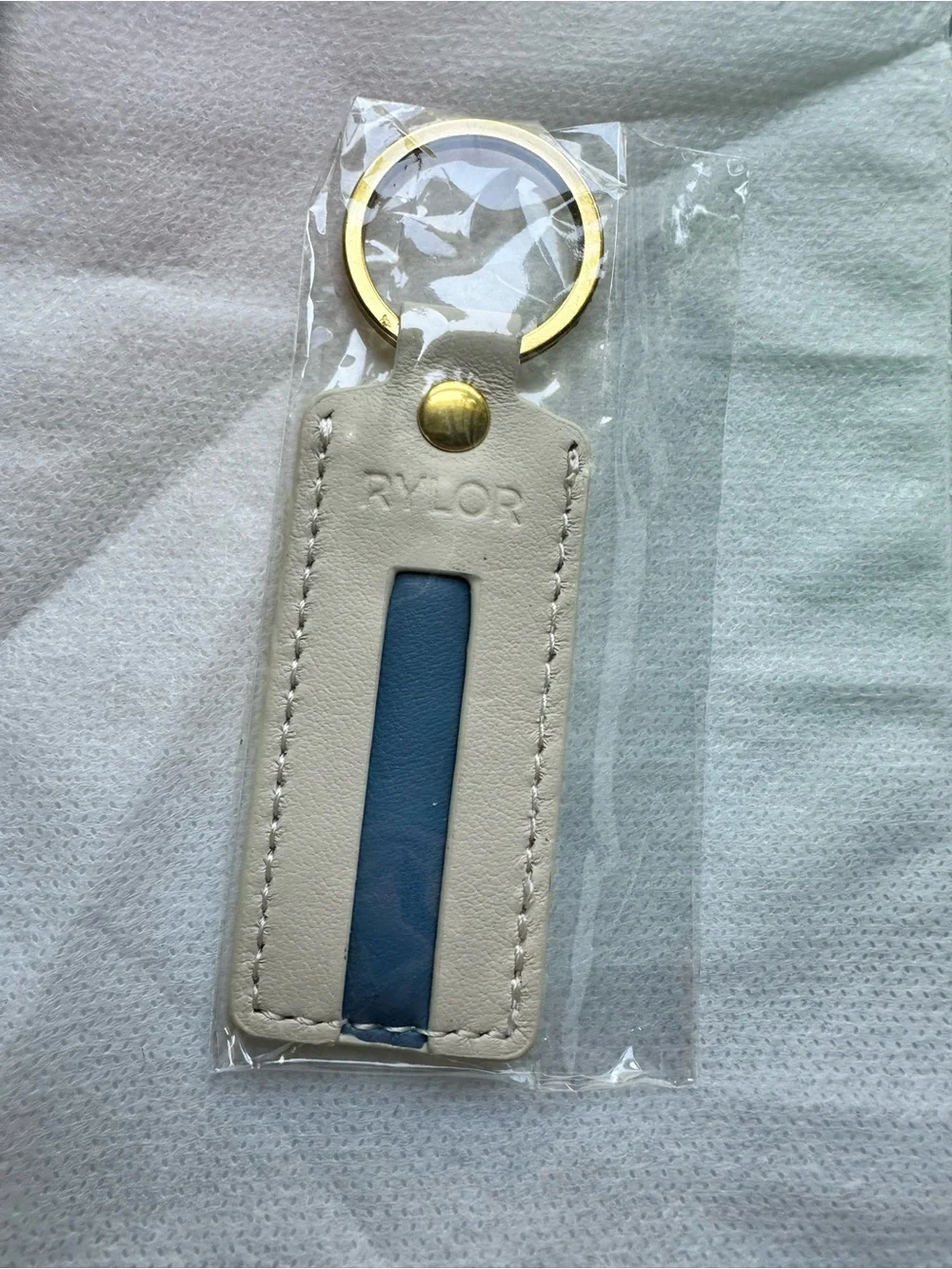 RYLOR Heritage Stripe Ivory Leather Keychain with Blue Inset and Gold Ring